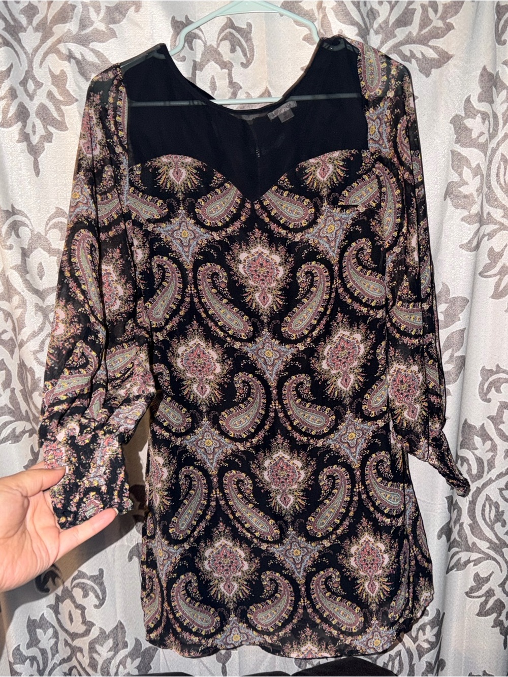 Black Paisley Print Sheer Yoke dress